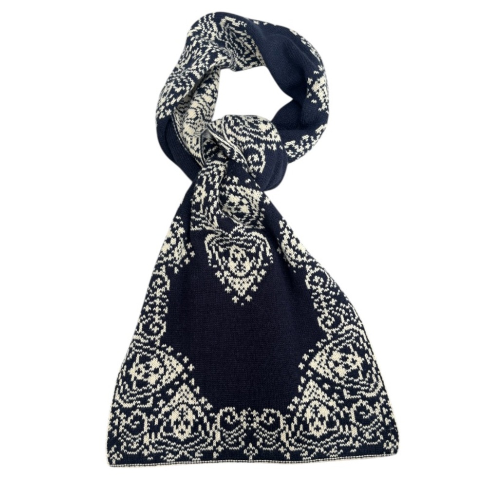 Vintage Knit Scarf Fair Isle Pattern Ornate Print Winter Design Navy Cream Beige - Picture 6 of 13